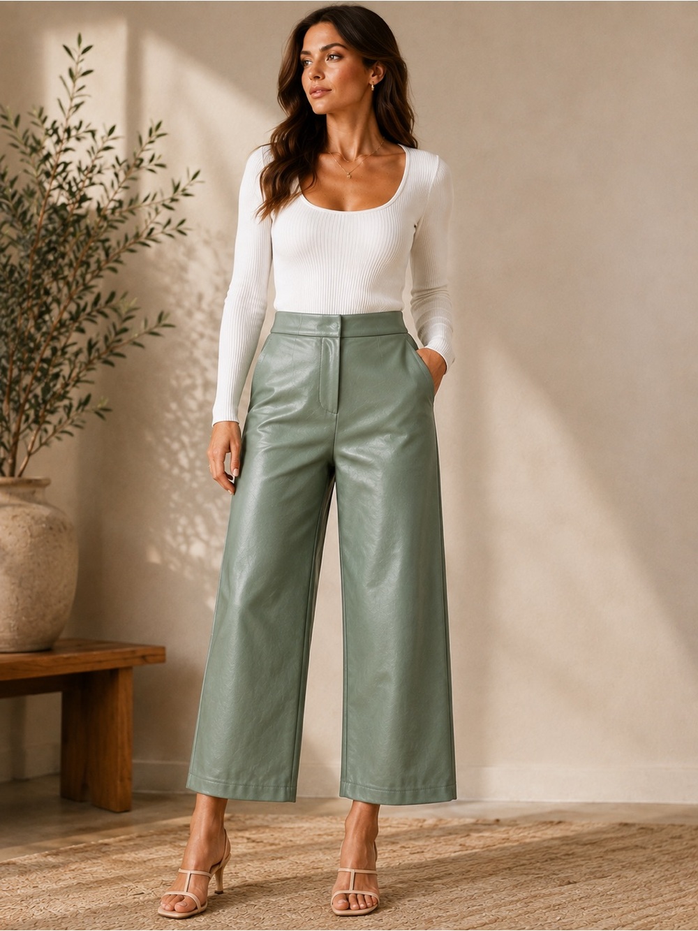 Bagatelle Sage Faux Leather Wide Leg Cropped Pants L